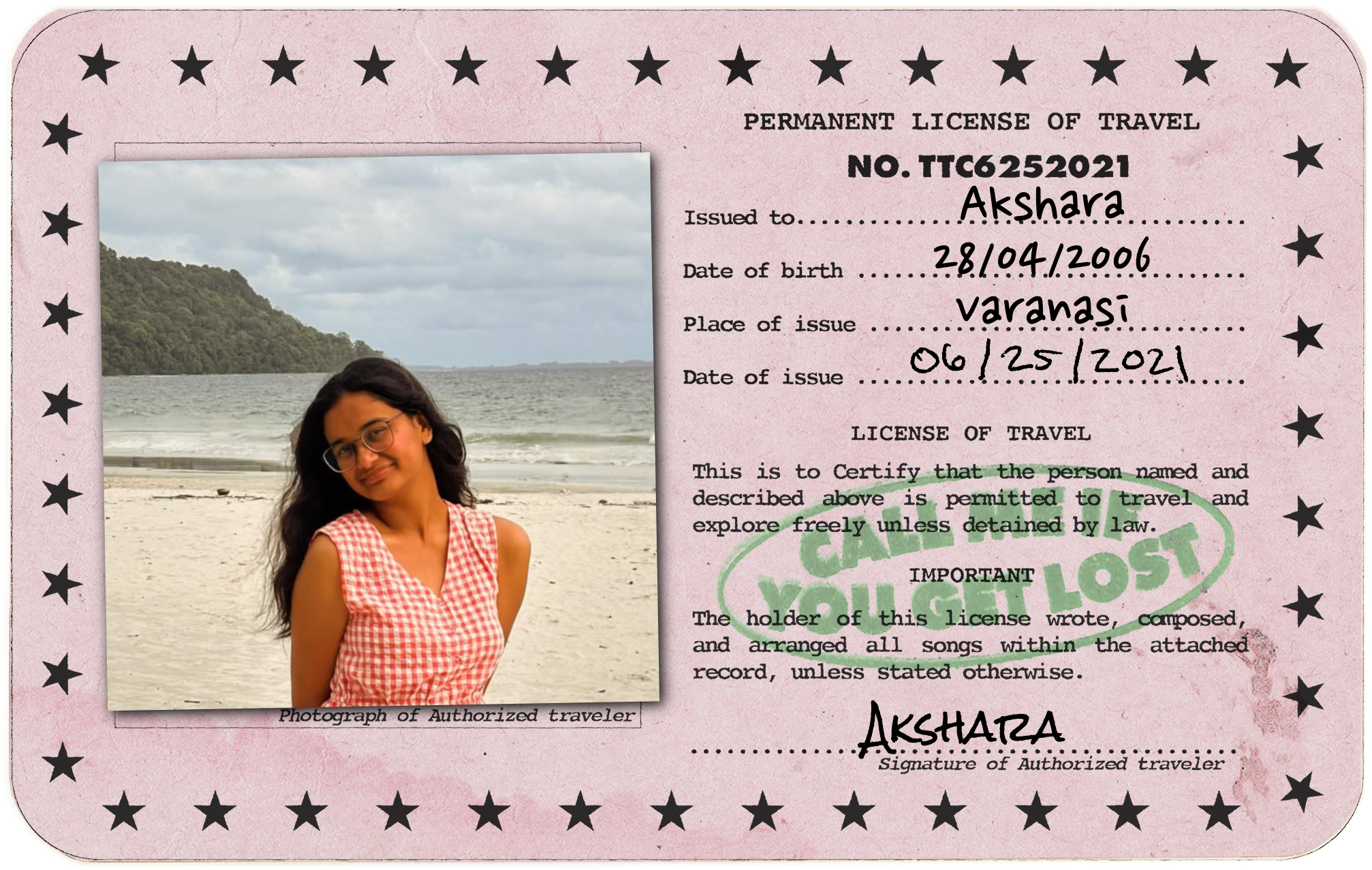 Travel license for Akshara